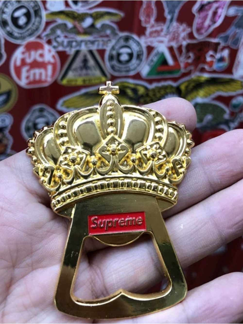 Supreme Gold Crown Bottle Opener with Red Logo